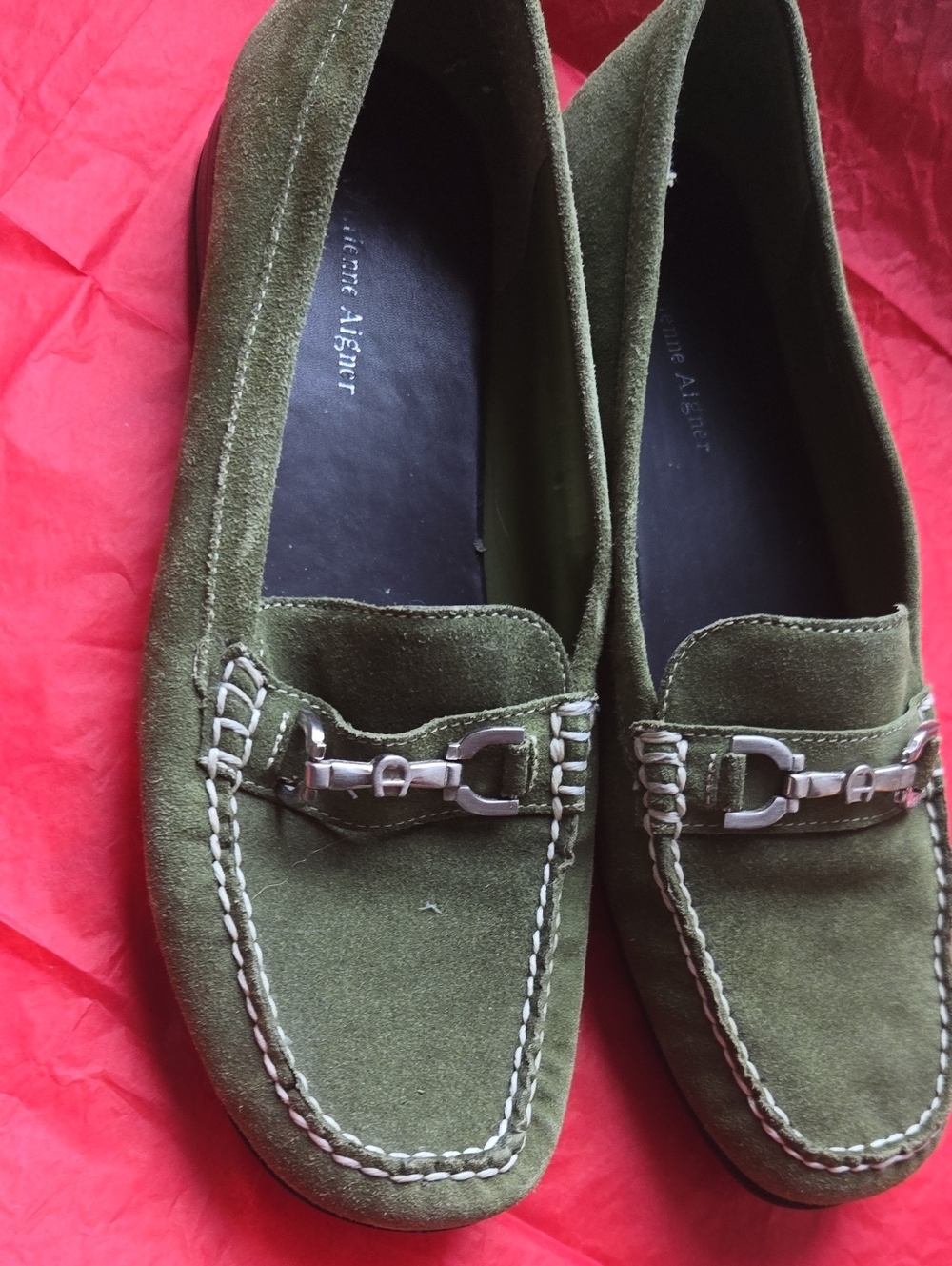 Etienne Aigner Olive Green Suede Bit Loafers